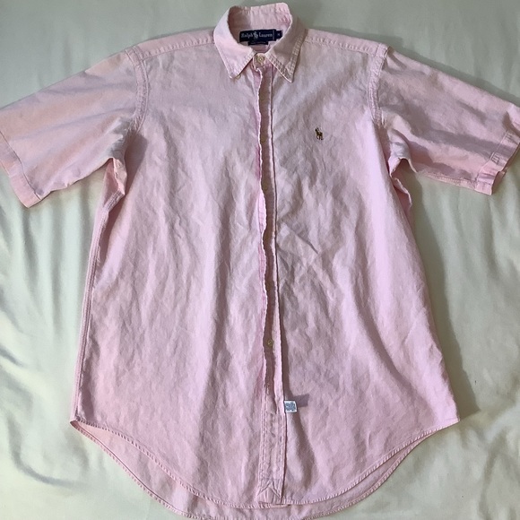 Vintage Ralph Lauren Pink Button Down S/S Shirt Medium Small Pony Preppy College - Picture 1 of 6